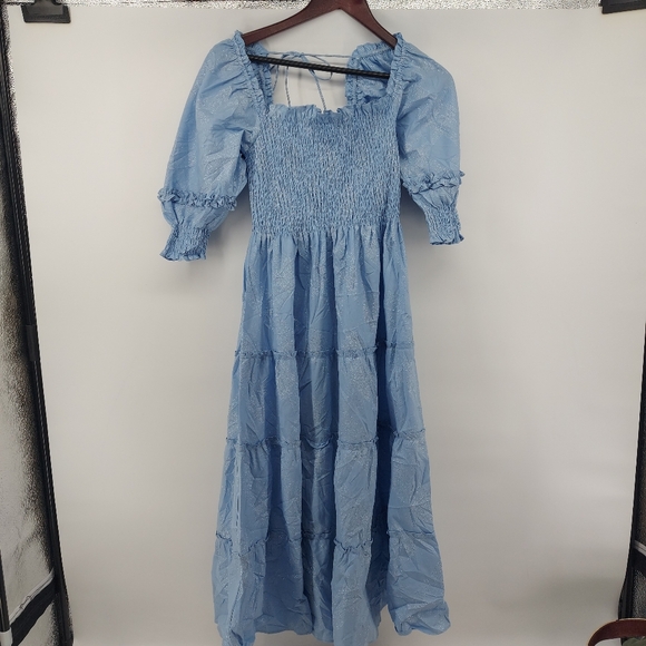 Hill House The Nesli Nap Tiered Midid Dress Blue with Silver Threading - Picture 2 of 7